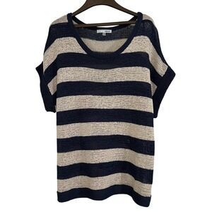 WD·NY Knit Top Women's Size 1X Blue Natural Stripe Ribbon Knit Sheer Sweater Top